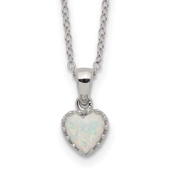 Sterling Silver Rhodium-plated Polish Heart Created Opal Necklace