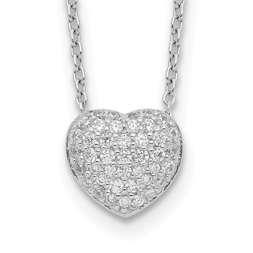 Sterling Silver Rhodium-plated Pave CZ Heart Necklace with 1.5 Inch Extension, 14"