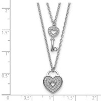 Sterling Silver Rhodium-plated CZ Heart Lock Key Double Strand Necklace with 2 Inch Extension, 16" view 3
