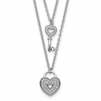 Sterling Silver Rhodium-plated CZ Heart Lock Key Double Strand Necklace with 2 Inch Extension, 16" view 1