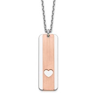 Sterling Silver Rhodium-plated Dogtag Necklace with Rose-tone Cut-out Heart with 1.25 Inch Extension, 17" view 5