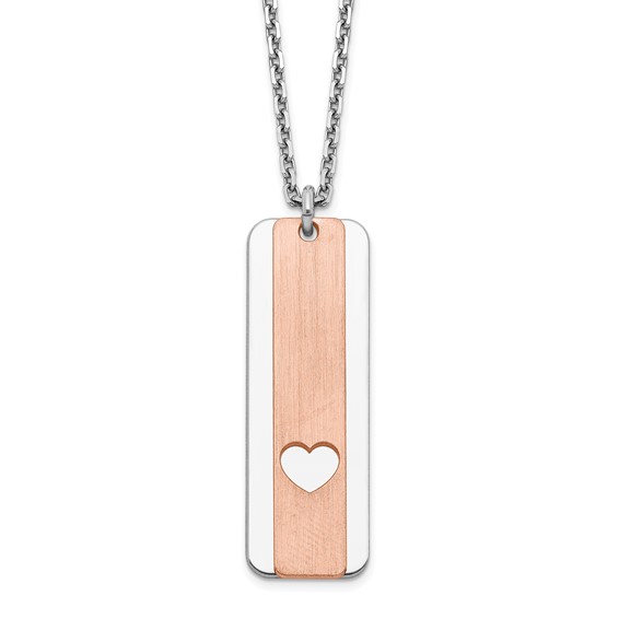 Sterling Silver RH-plated Dogtag w/Rose-tone Heart w/1.25in ext Necklace