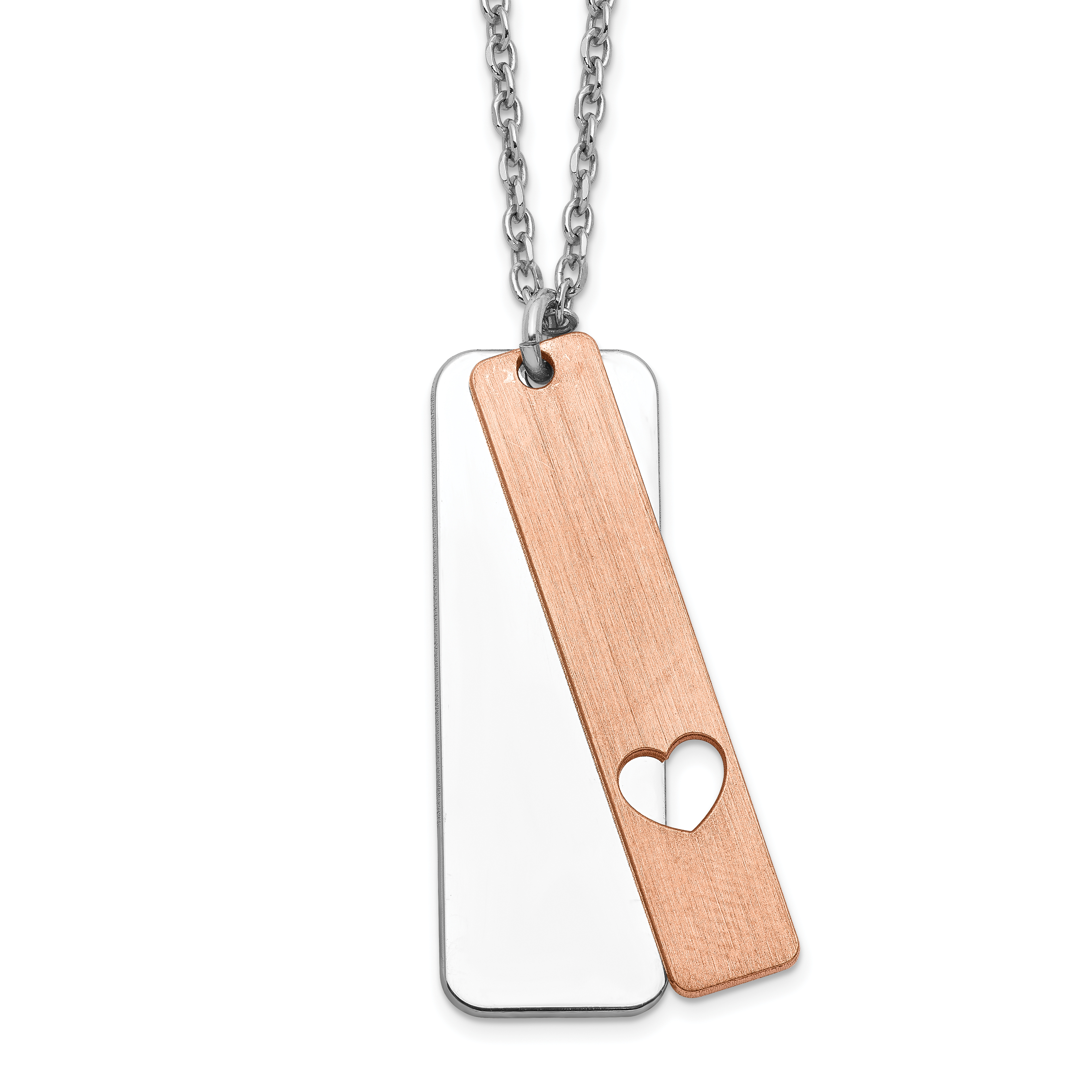 Sterling Silver RH-plated Dogtag w/Rose-tone Heart w/1.25in ext Necklace (QG5160-17)