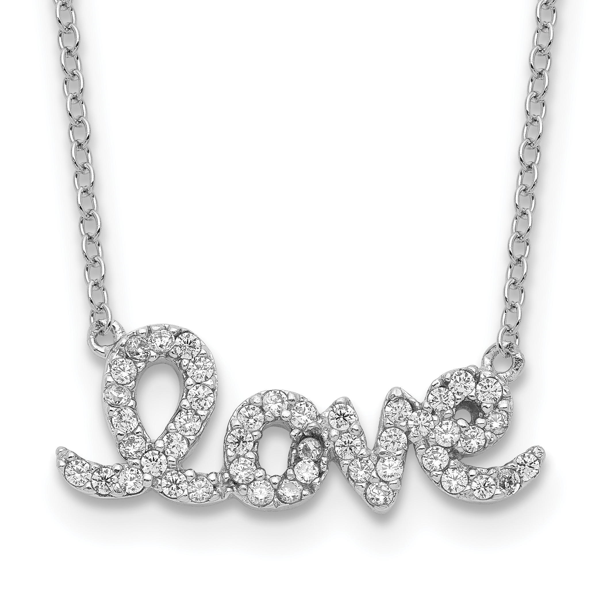 Sterling Silver Rhodium-plated CZ LOVE w/1in ext Necklace (QG5166-16)