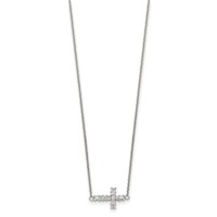 Sterling Silver Polished CZ Sideways Cross Necklace, 18" view 2