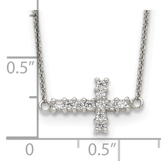 Sterling Silver 18in CZ Sideways Cross Necklace