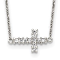 Sterling Silver Polished CZ Sideways Cross Necklace, 18" view 1