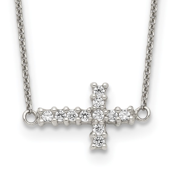 Sterling Silver 18in CZ Sideways Cross Necklace
