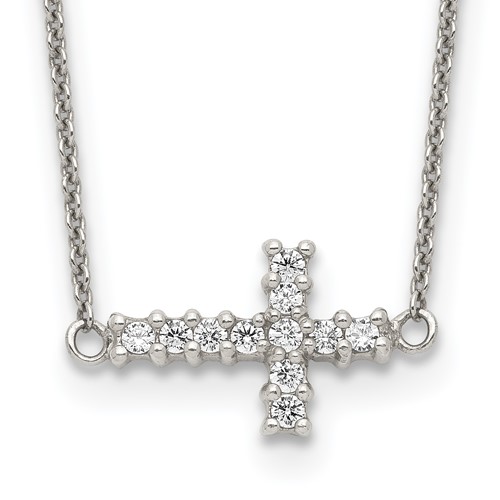 Sterling Silver Polished CZ Sideways Cross Necklace, 18"