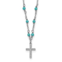 Sterling Silver Rhodium-plated CZ Cross and Synthetic Turquoise Beads Necklace with 2 Inch Extension, 16" view 1