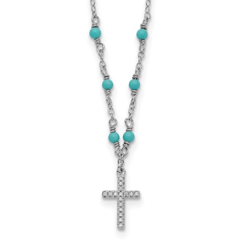 Sterling Silver Rhodium-plated CZ Cross and Synthetic Turquoise Beads Necklace with 2 Inch Extension, 16"