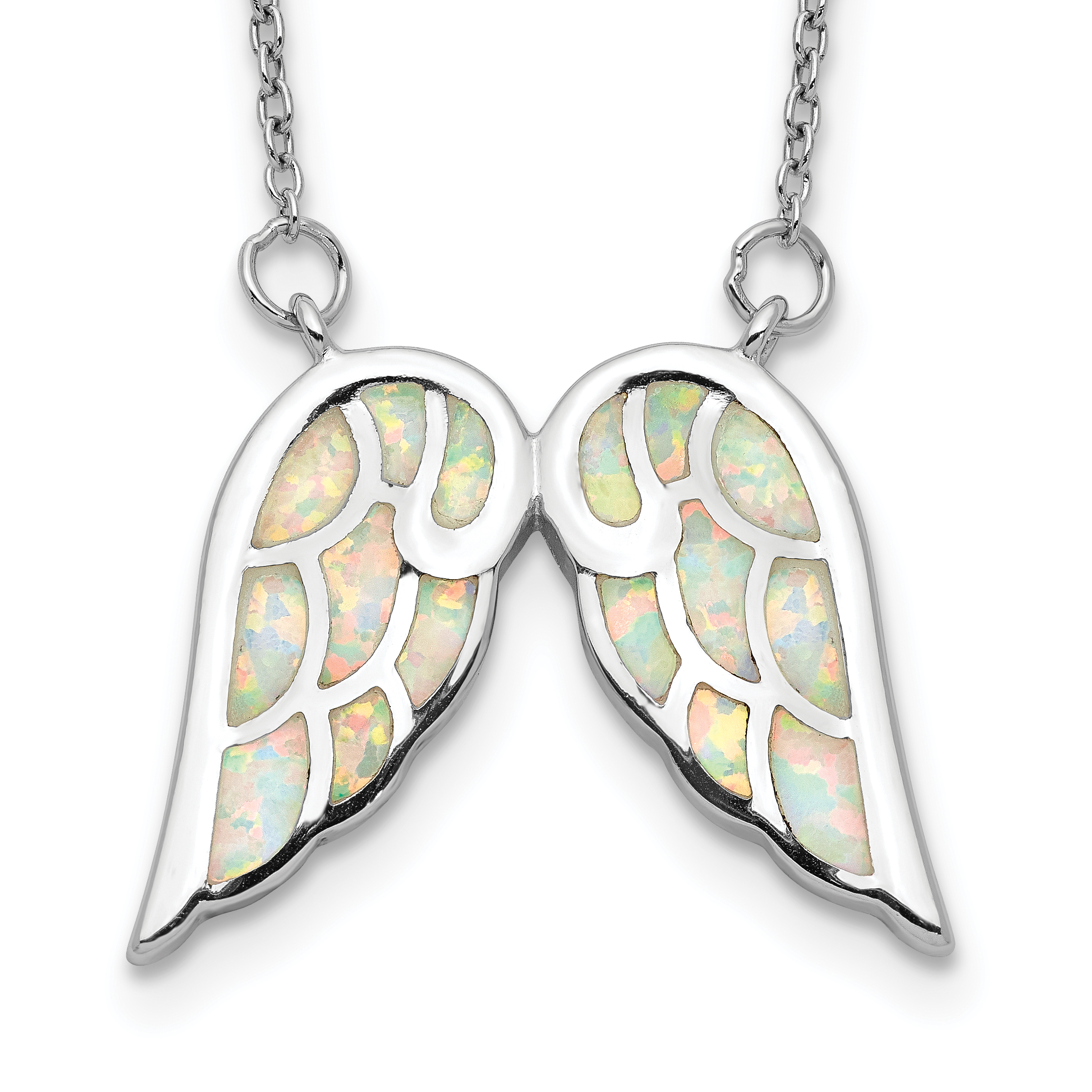 Sterling Silver Rhod-plated Created Opal Wings w/1.5in ext Necklace (QG5184-16.5)