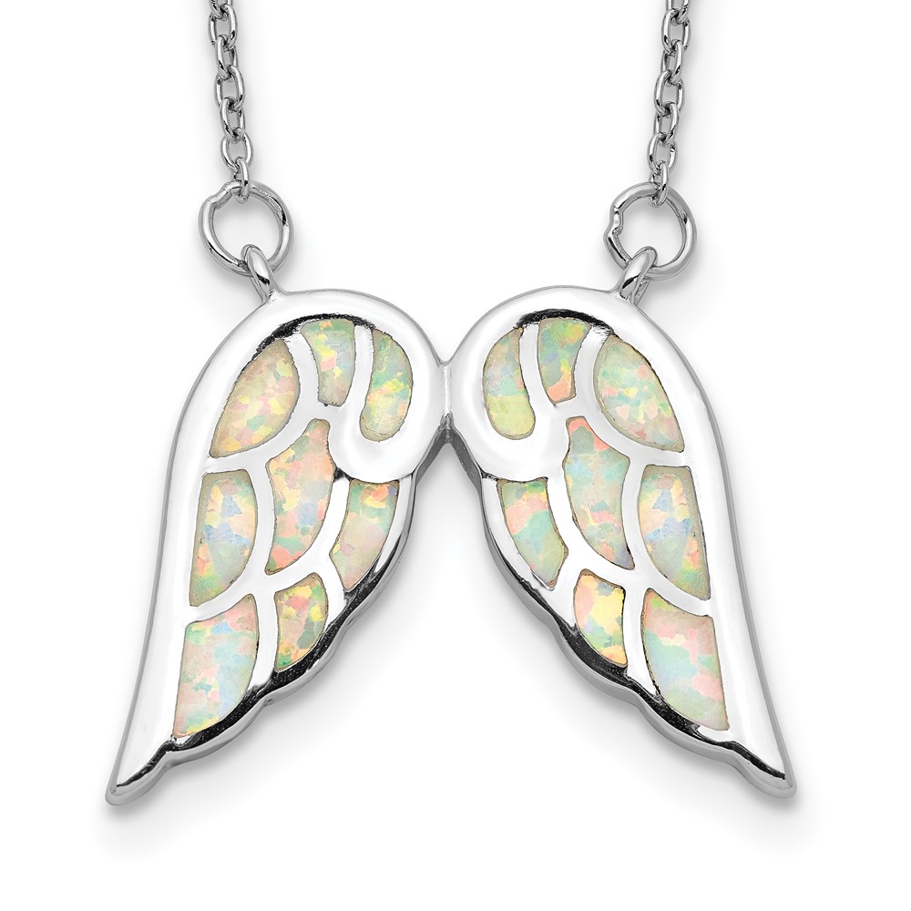 Sterling Silver Rhod-plated Created Opal Wings w/1.5in ext Necklace