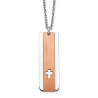 Sterling Silver Rhodium-plated Polished Dogtag Necklace with Rose-tone Satin Cut-out Cross with 1.25 Inch Extension, 17" view 5