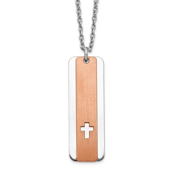 Sterling Silver RH-plated Dogtag w/Rose-tone Cross w/1.25in ext Necklace
