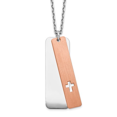 Sterling Silver Rhodium-plated Polished Dogtag Necklace with Rose-tone Satin Cut-out Cross with 1.25 Inch Extension, 17"