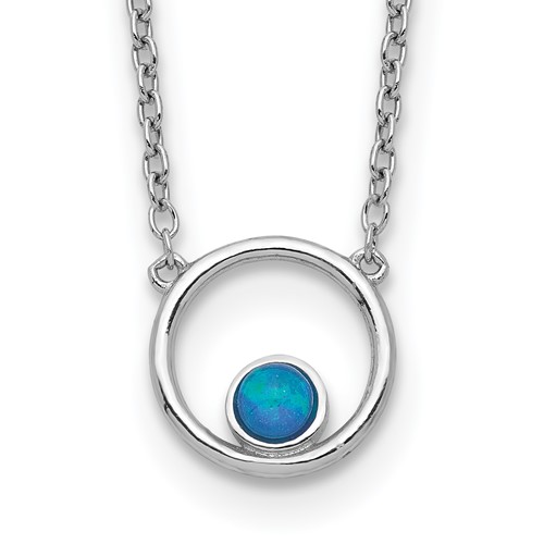 Sterling Silver Rhodium-plated Lab Created Opal in Circle Necklace with 2 Inch Extension, 16"