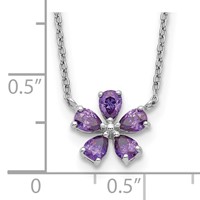 Sterling Silver Polished Purple CZ Flower Necklace, 18" view 3