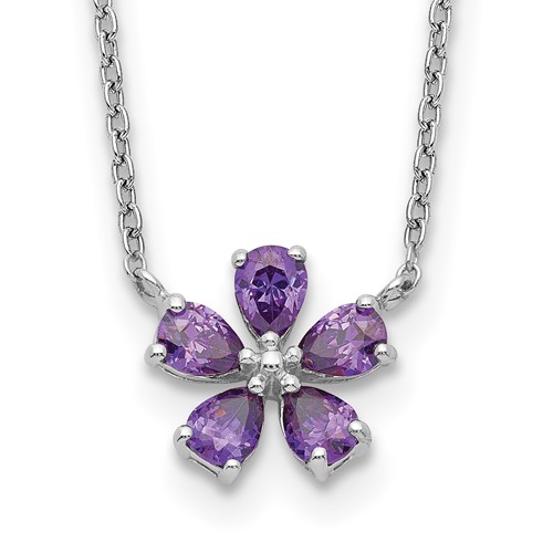 Sterling Silver Polished Purple CZ Flower Necklace, 18"