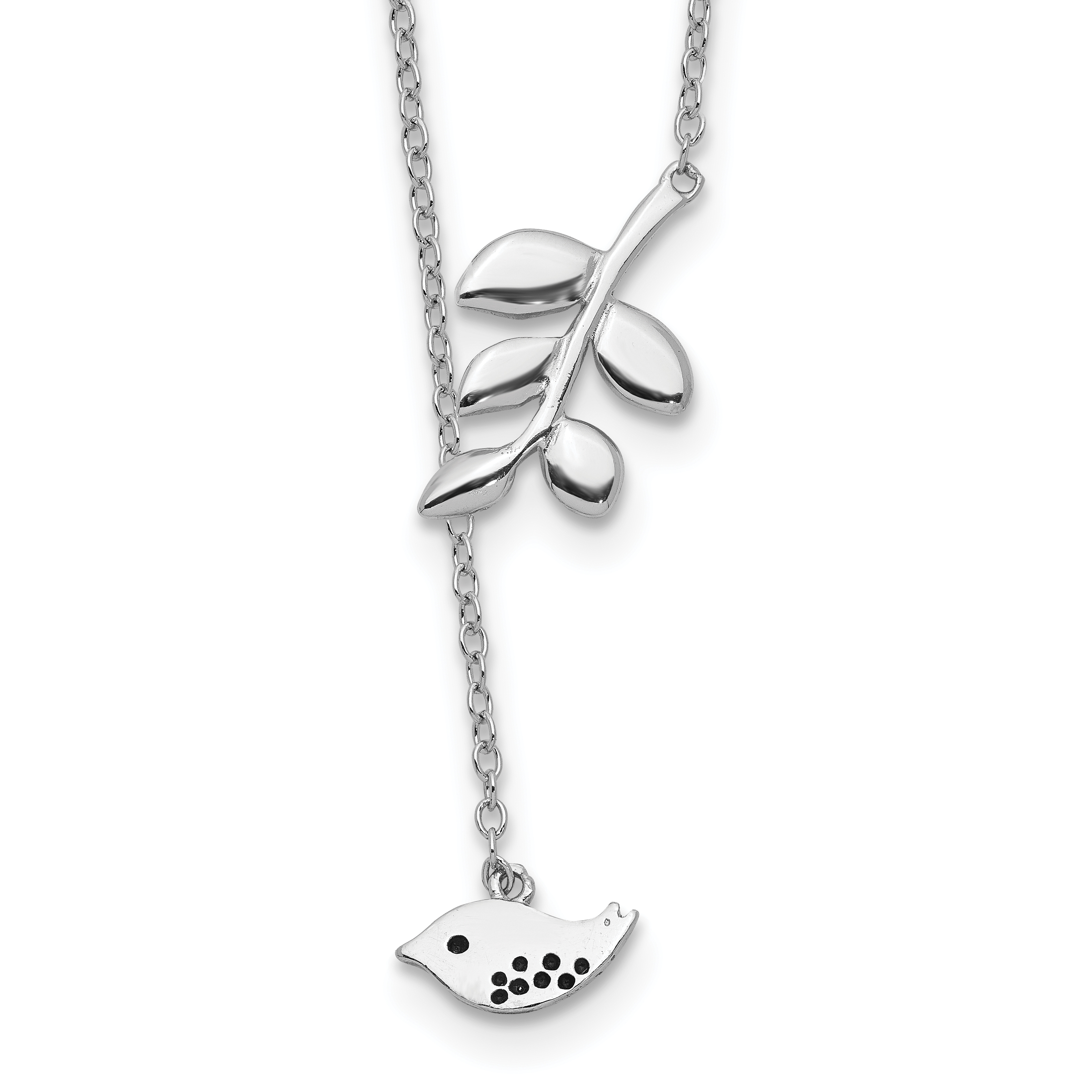 Sterling Silver Rhodium-plated Leaf and Bird w/ 2in ext. Necklace (QG5217-16)