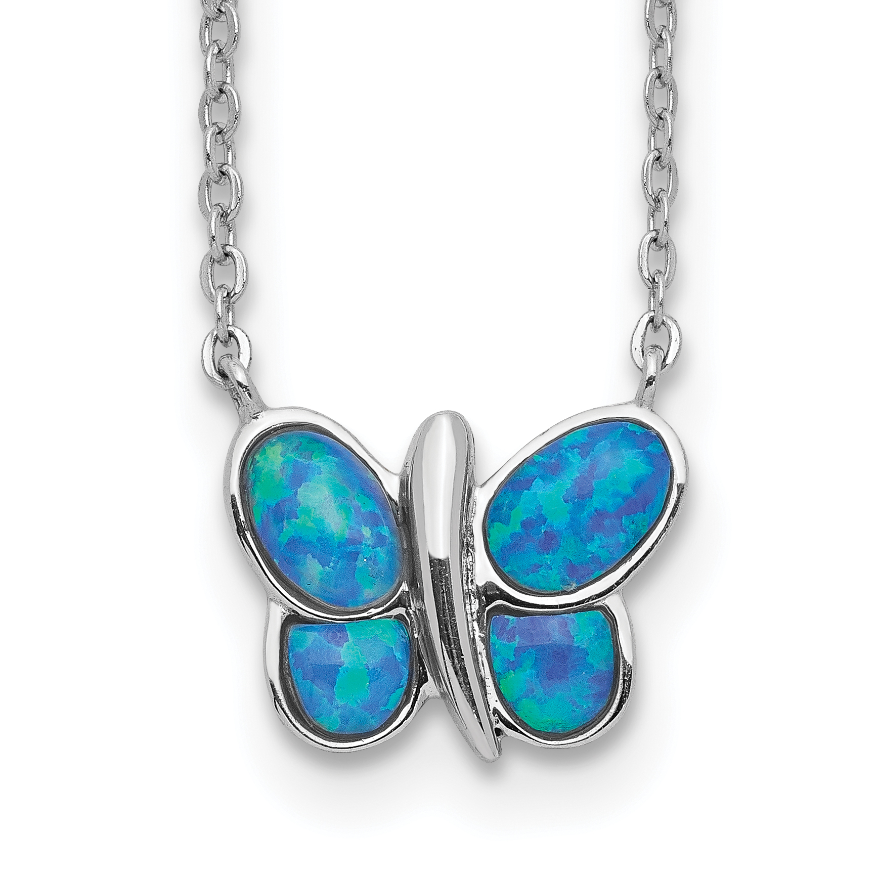 Sterling Silver Rhodium plated Created Opal Butterfly Inlay Necklace (QG5219-18)