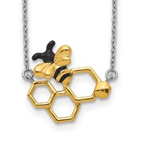 Sterling Silver Rhodium-plated Gold-tone Enameled Bee and Honeycomb Necklace with 2 Inch Extension, 16" view 1