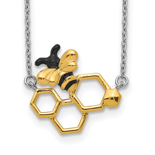 Sterling Silver Rhodium-plated Gold-tone Enameled Bee and Honeycomb Necklace with 2 Inch Extension, 16"