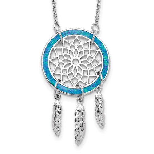 Sterling Silver Rhodium-plated Lab Created Opal Dreamcatcher Necklace with 2 Inch Extension, 15.5"