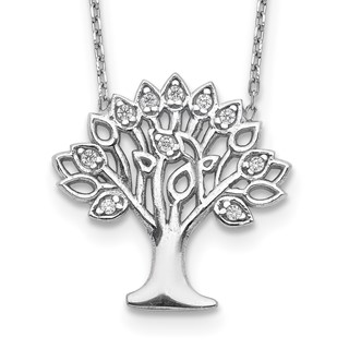 Sterling Silver Rhodium-plated CZ Tree w/ 2in ext. Necklace