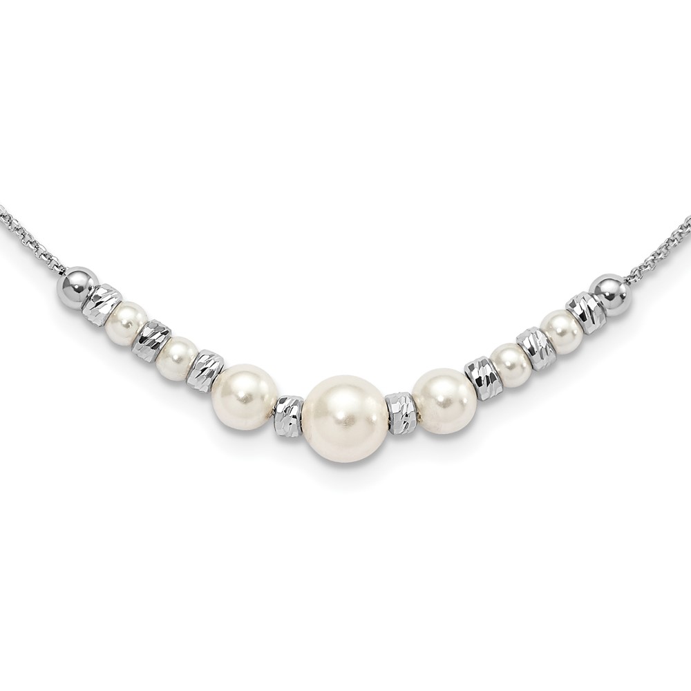 Sterling Silver RH-pltd Diamond-cut Bead Glass Pearl Necklace with Ext, 2"