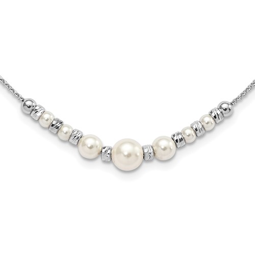 Sterling Silver RH-pltd Diamond-cut Bead Glass Pearl Necklace with Ext, 2"