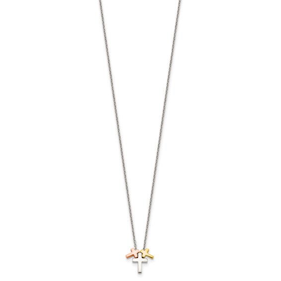 Sterling Silver Rose and Gold-tone 3-Cross w/ 2in ext. Necklace