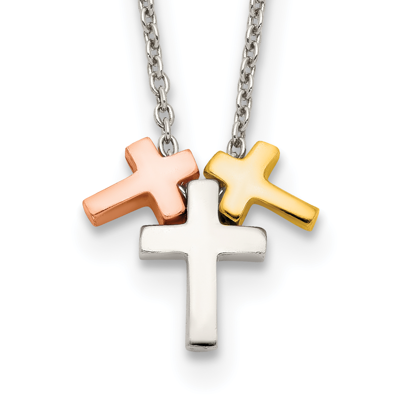 Sterling Silver Rose and Gold-tone 3-Cross w/ 2in ext. Necklace (QG5242-16)