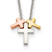 Sterling Silver Rose and Gold-plated 3-Cross Necklace with 2 Inch Extension, 16" view 1