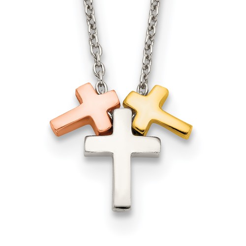 Sterling Silver Rose and Gold-plated 3-Cross Necklace with 2 Inch Extension, 16"