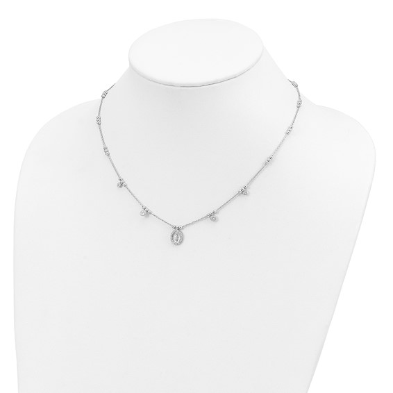 Sterling Silver RH-plated CZ Miraculous Medal w/1.5in ext. Necklace