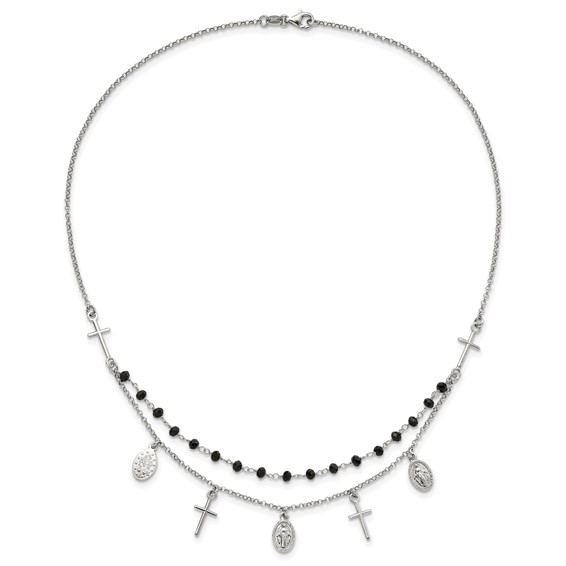 Sterling Silver RH-plated Black Beaded Cross/Miraculous Medal Necklace