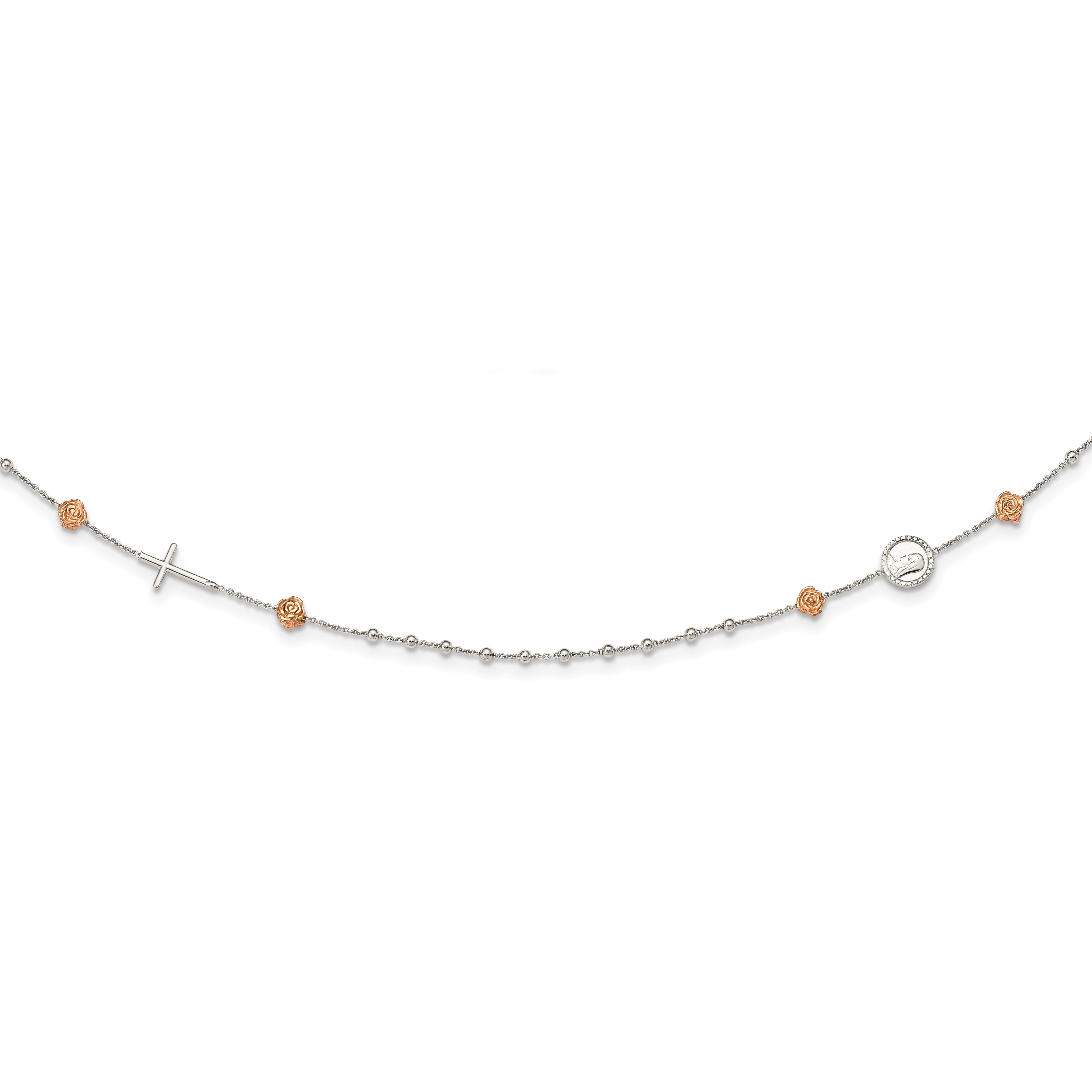 Sterling Silver Beaded with Rose-tone Roses Religious 18 inch Necklace with 1 inch extension (QG5248-18)