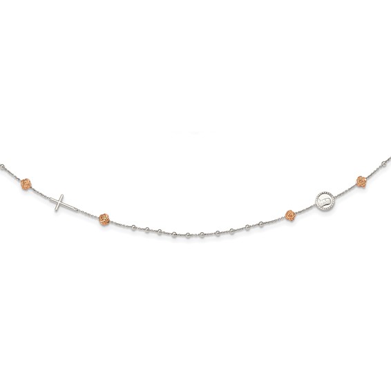 Sterling Silver Beaded with Rose-tone Roses Religious 18 inch Necklace with 1 inch extension