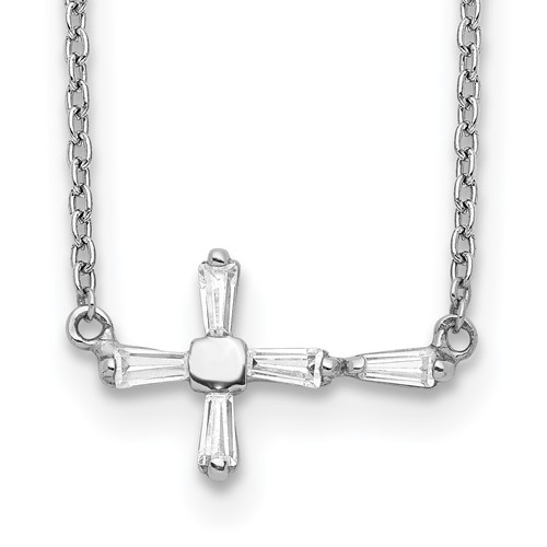 Sterling Silver Polished Baguette CZ Cross Necklace, 18"