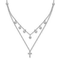 Sterling Silver Rhodium-plated Cross and Bezel CZ 2-Strand Necklace with 2 Inch Extension, 16" view 1