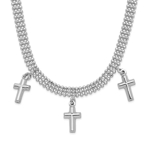 Sterling Silver Rhodium-plated 3-Cross Necklace with Ext. Choker, 4"