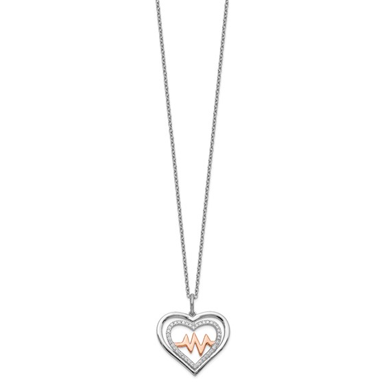 Sterling Silver RH-plated Rose-tone CZ Heartbeat w/2in ext Necklace
