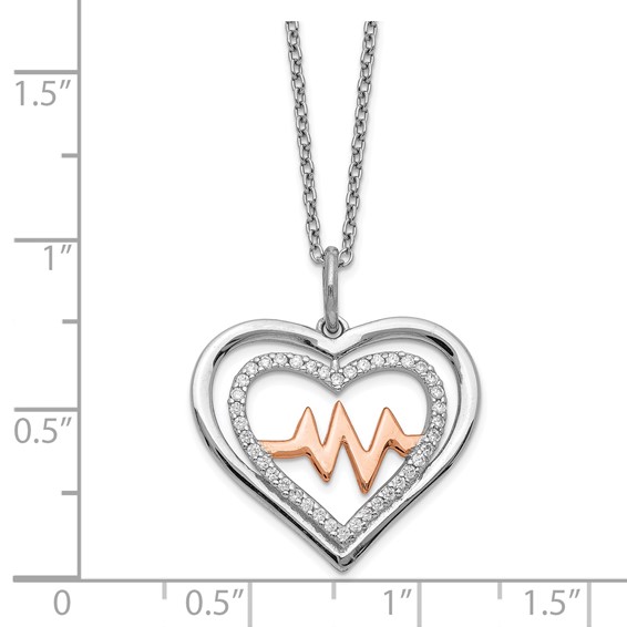 Sterling Silver RH-plated Rose-tone CZ Heartbeat w/2in ext Necklace