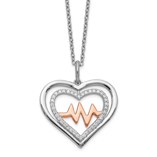 Sterling Silver Rhodium-plated Rose-tone CZ Heartbeat Necklace with 2 Inch Extension, 16"