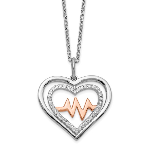 Sterling Silver RH-plated Rose-tone CZ Heartbeat w/2in ext Necklace