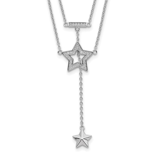 Sterling Silver Rhodium-plated 2-Strand CZ Star Necklace with Ext., 1"