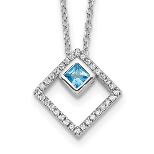 Sterling Silver Rhodium-plated 5mm Square Blue Spinel and CZ Necklace with 1 Inch Extension, 16"