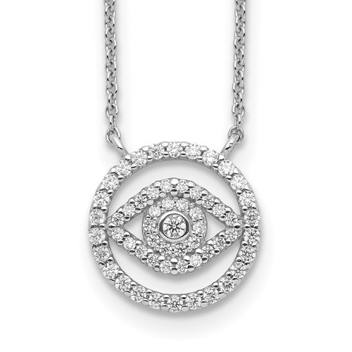 Sterling Silver Rhodium-plated CZ Evil Eye Necklace with 2 Inch Extension, 17"