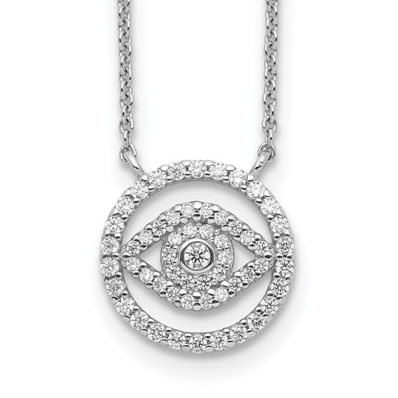 Sterling Silver Rhodium Plated CZ Evil Eye Necklace w/2in ext.
